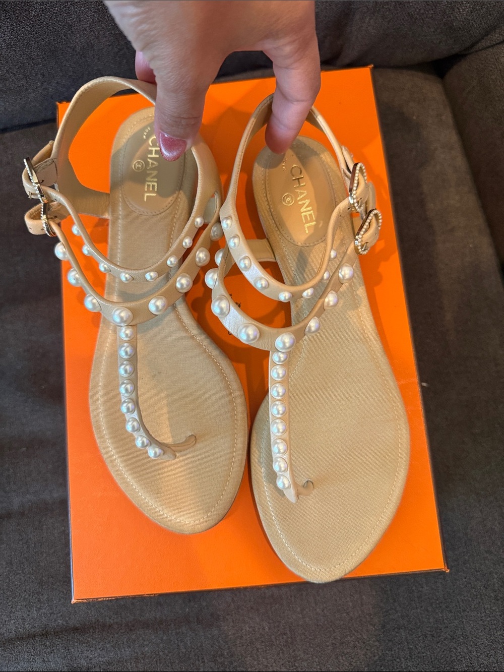 CHANEL Beige Pearl-Trim T-Strap Women's Sandals